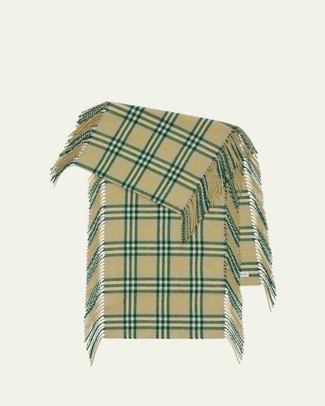 Green Washed Vintage Check Cashmere Fringe Scarf